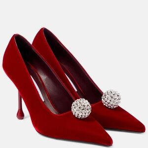 Jimmy Choo Red Velvet Heels with Crystal Embellishment